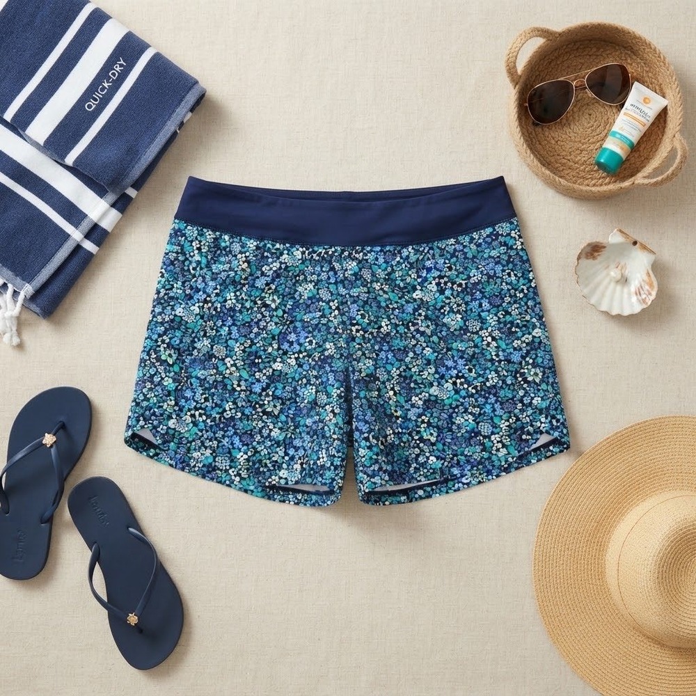 Lands End Blue Floral Swim Board Shorts with Liner Womens 18
